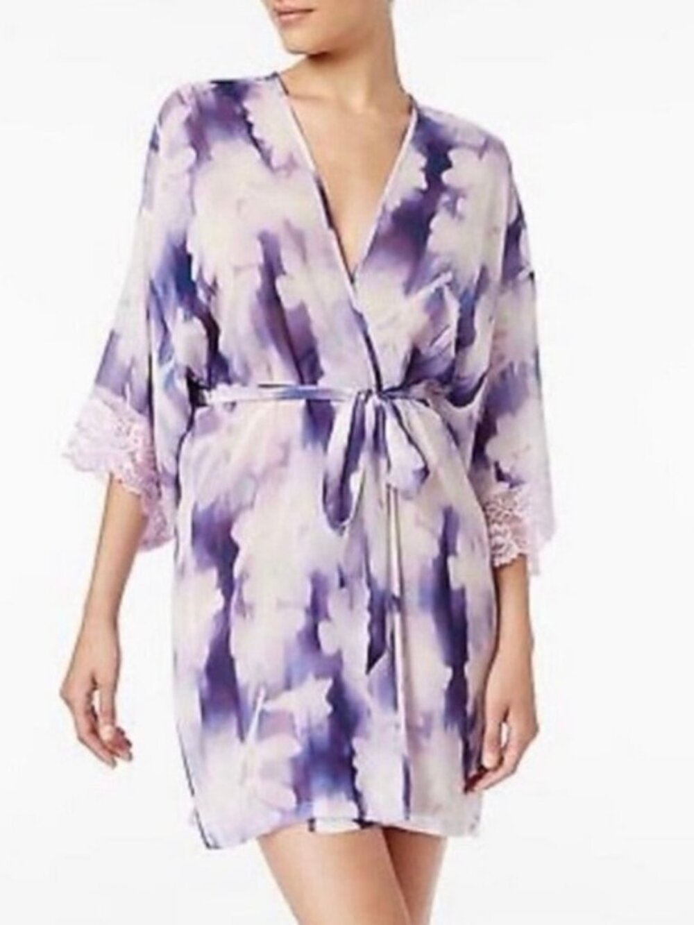 Linea Donatella Purple Floral Sheer Lace Trim Robe Cover Up S/M